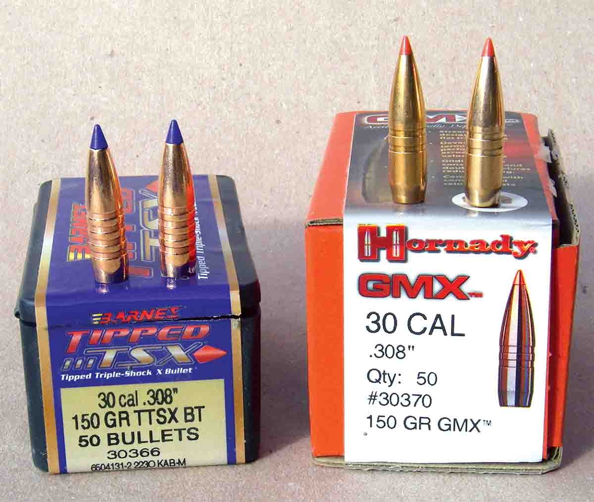 The Barnes Tipped Triple Shock X-Bullet and Hornady GMX solid copper expanding hunting bullets are popular in the .308 Winchester.